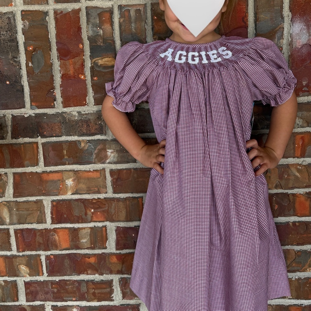 Maroon Smocked Gingham Dress with AGGIES Embroidery